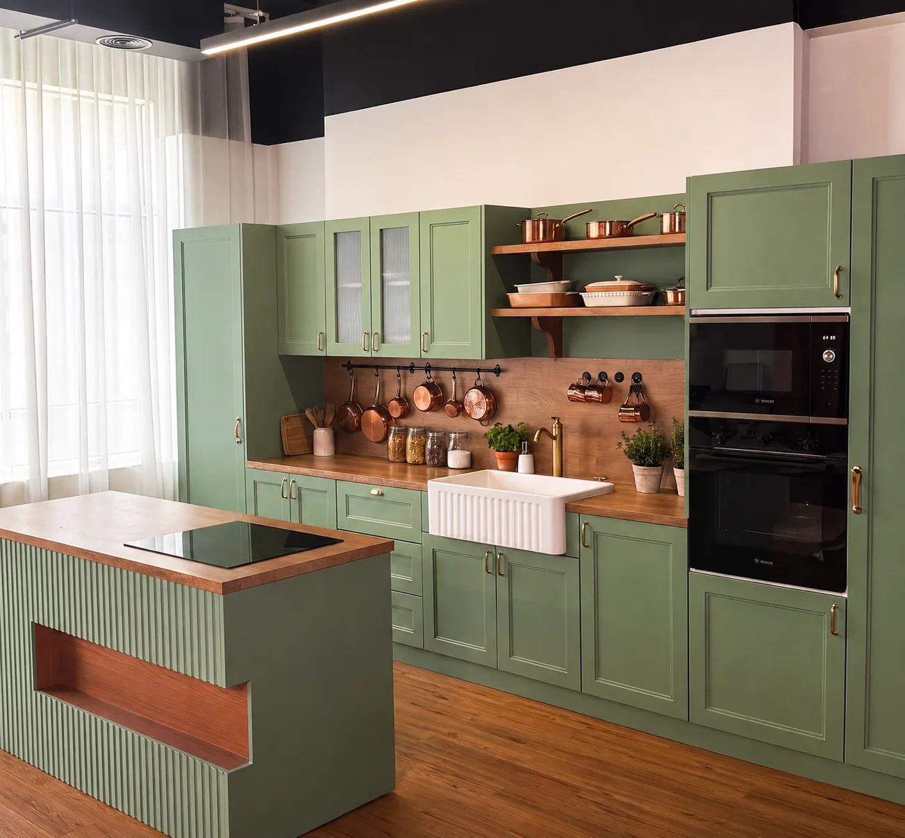 Kitchen studio set with marble island and natural light