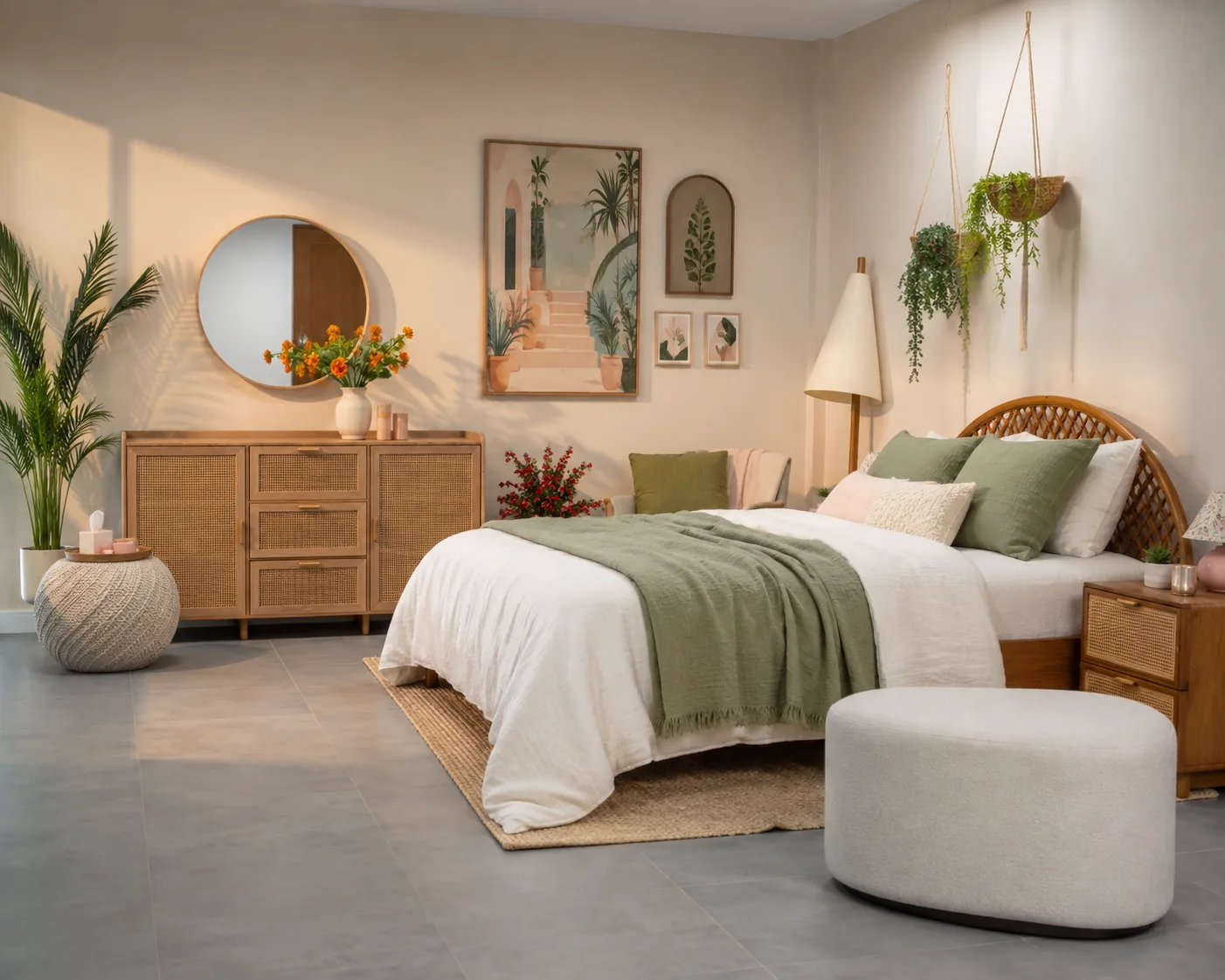Dressed bedroom studio set with rattan headboard and linen bedding