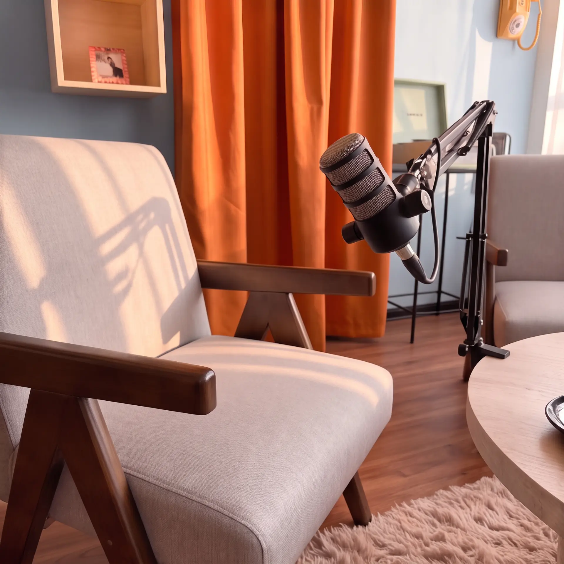 Acoustically treated podcast recording studio with broadcast microphones — view 3