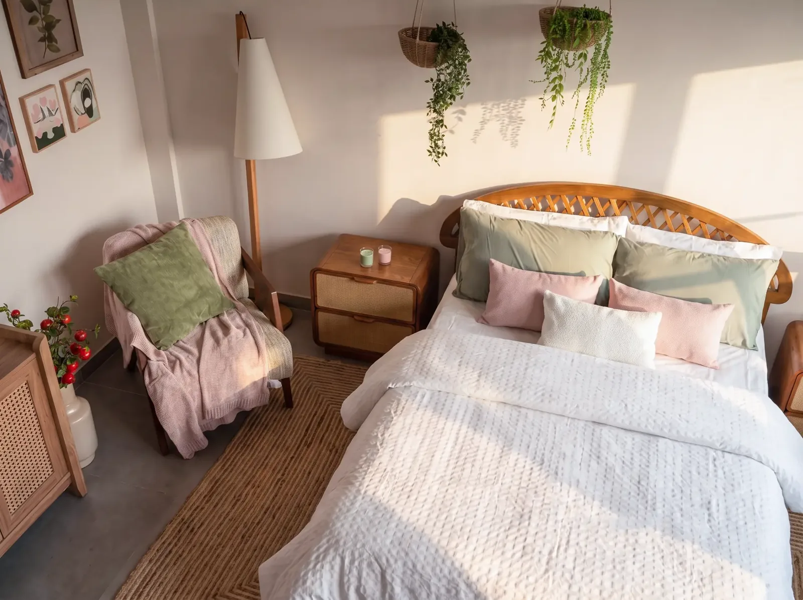 Dressed bedroom studio set with rattan headboard and linen bedding — view 2