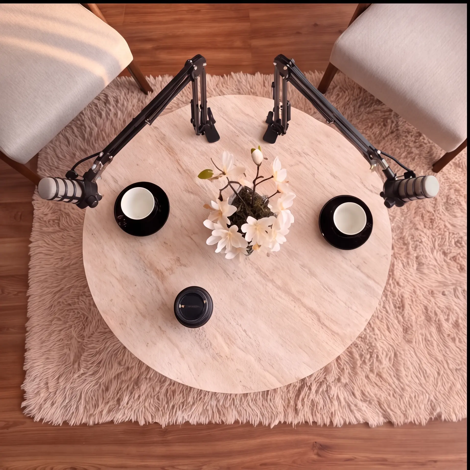 Acoustically treated podcast recording studio with broadcast microphones — view 4