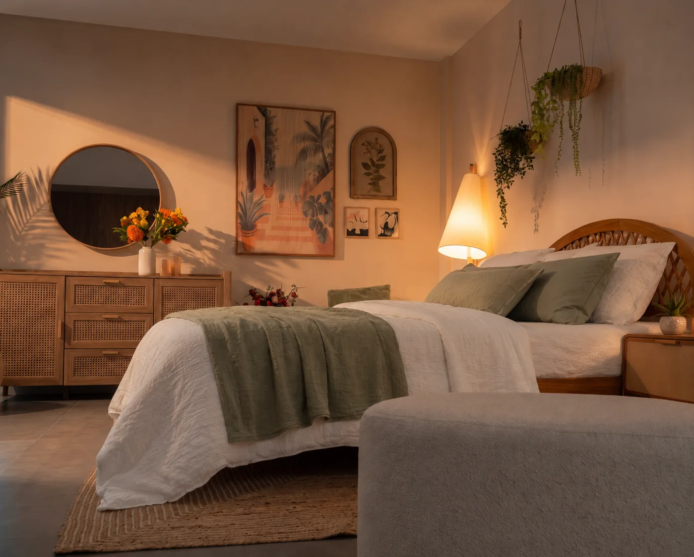 Dressed bedroom studio set with rattan headboard and linen bedding — view 4