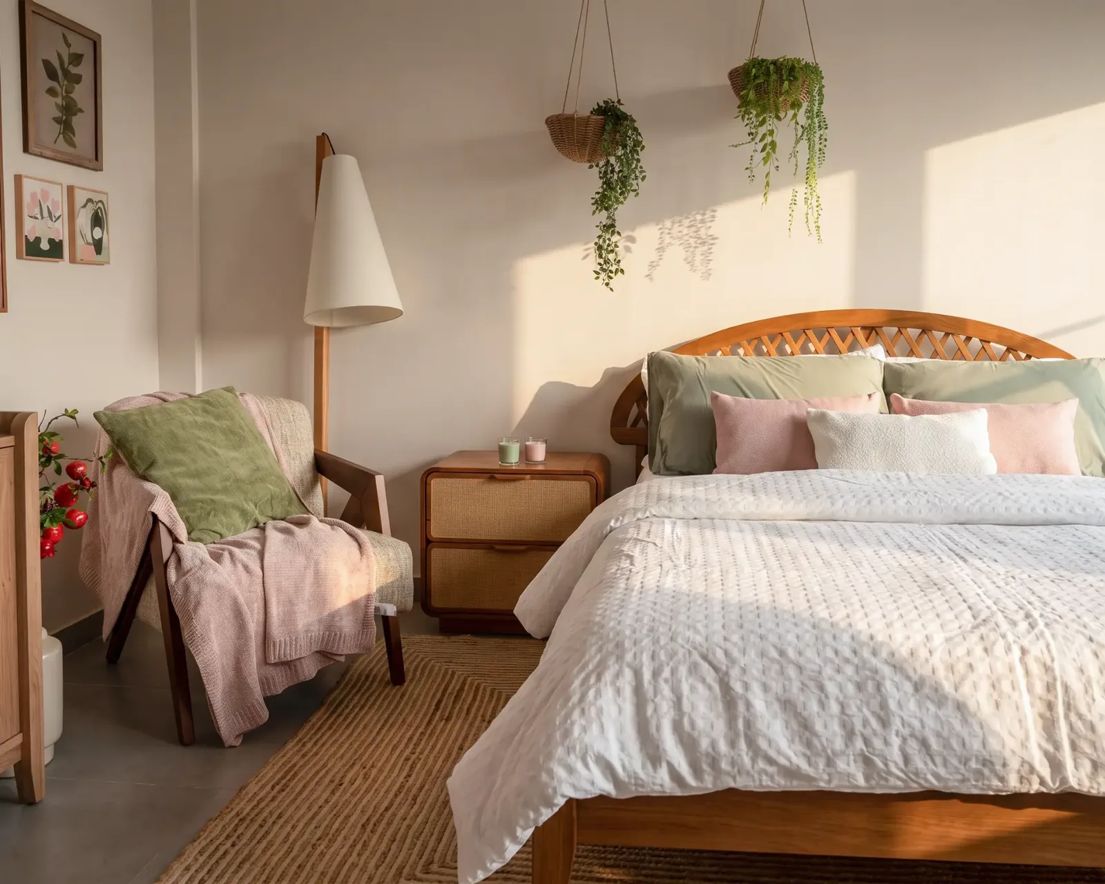 Dressed bedroom studio set with rattan headboard and linen bedding — view 3