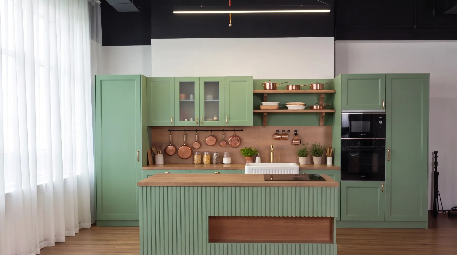 Kitchen studio set with marble island and natural light — view 2
