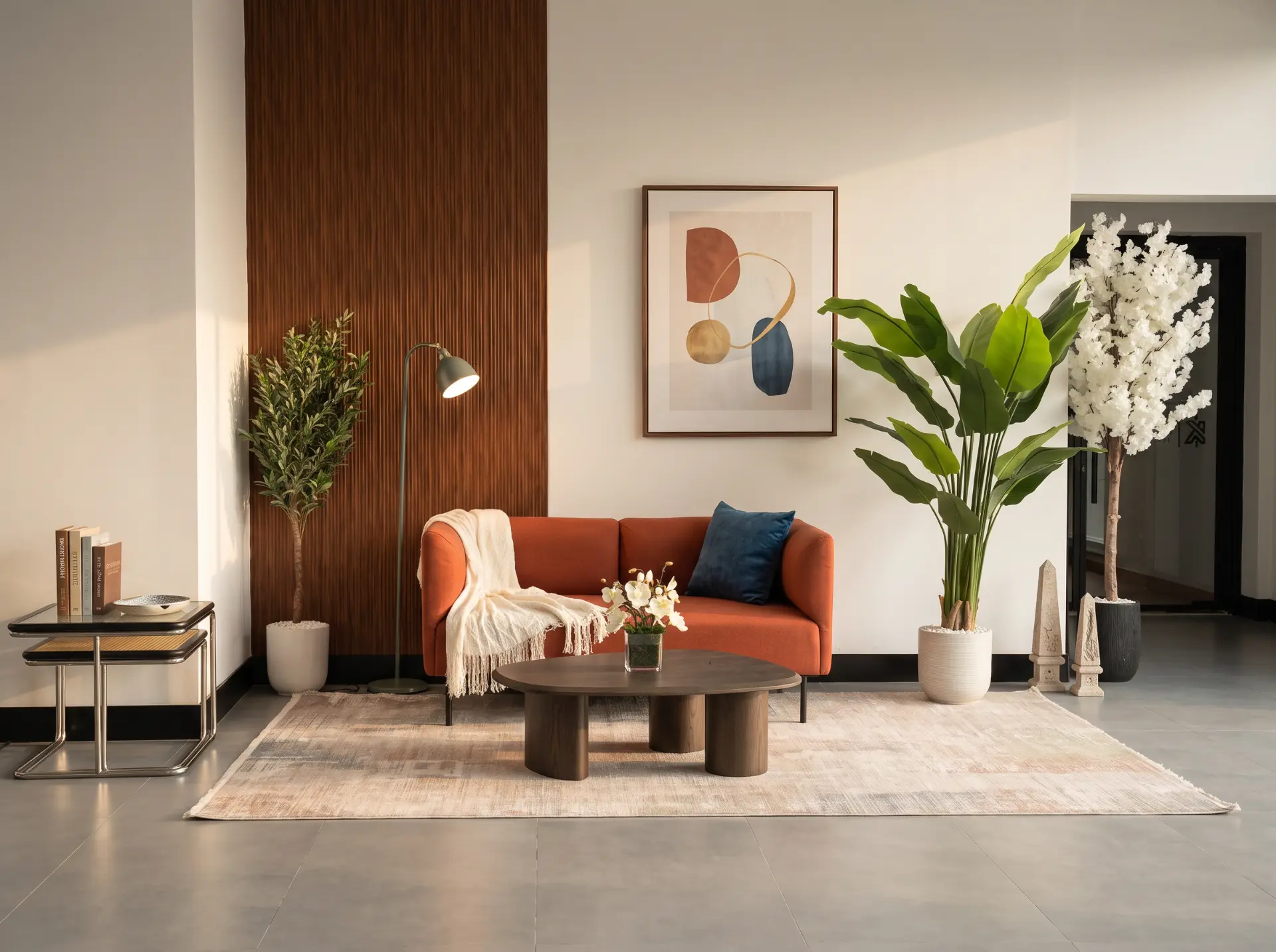 Sun-lit living room studio set with curated furniture
