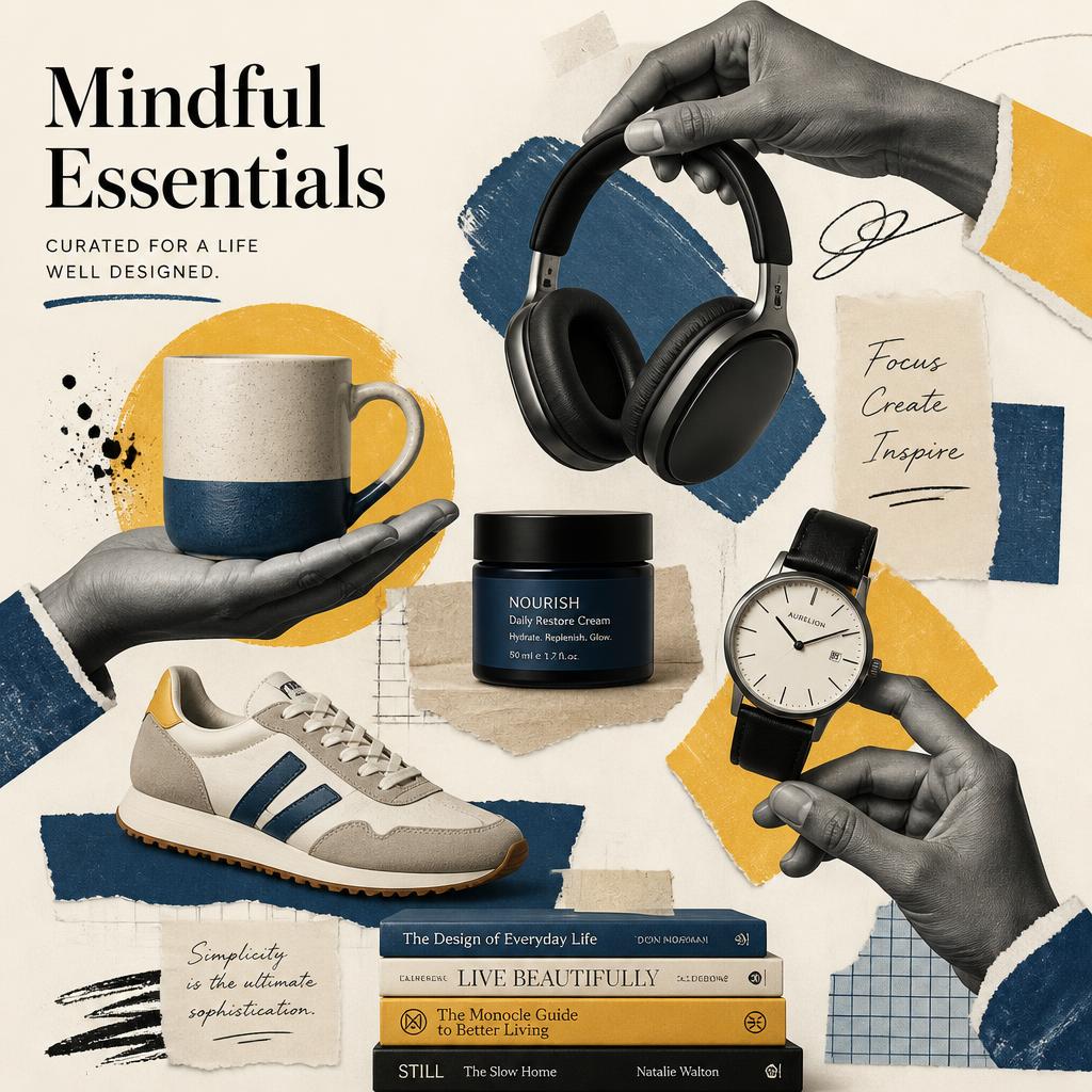 Editorial collage: product photography with lights and hands