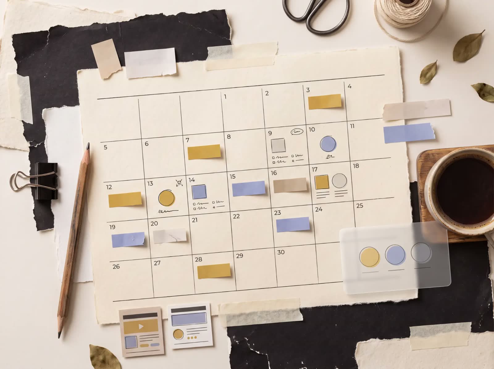 Content calendar on laptop with creative planning materials