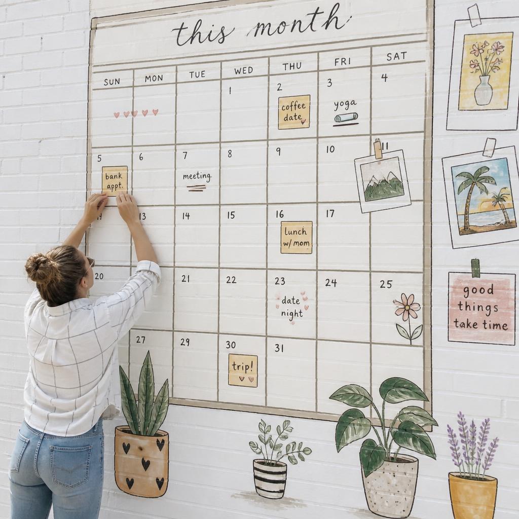 Content calendar on laptop with creative planning materials