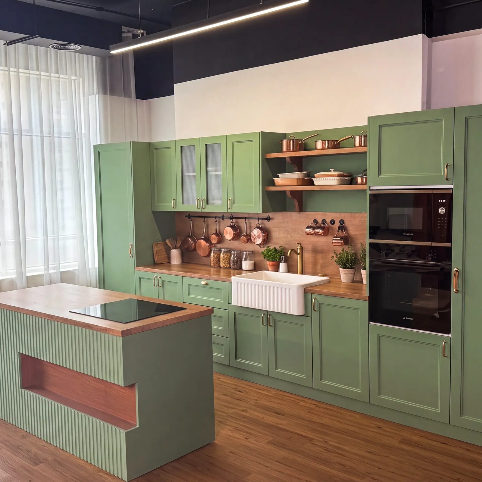 Korners Media kitchen studio zone with marble island and warm editorial styling