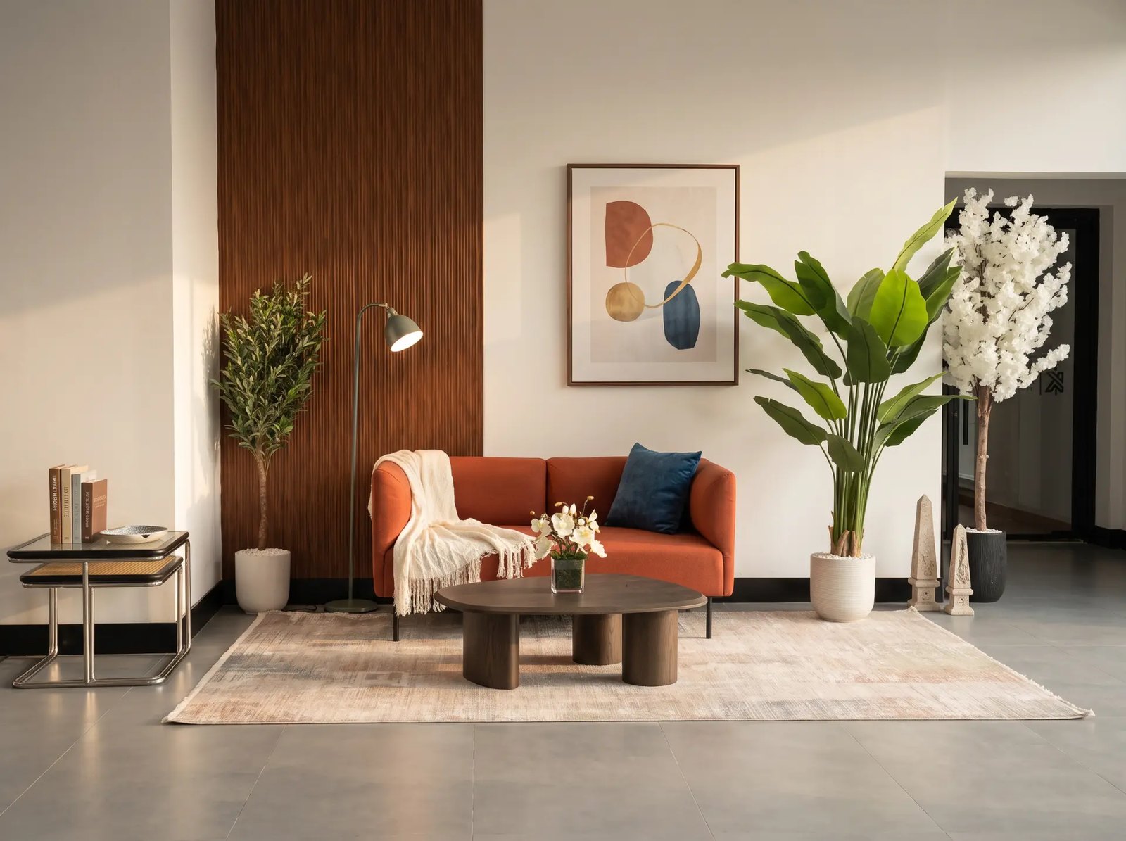 Korners Media living room studio zone with warm natural light and curated furniture