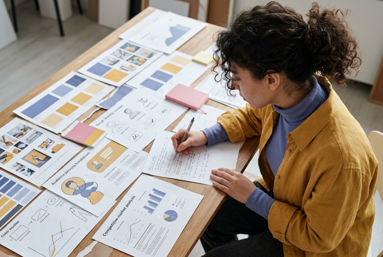 Brand discovery workshop with research notes and strategy boards