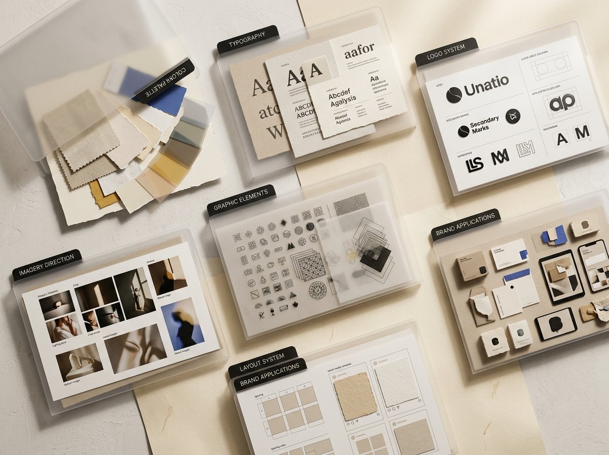 Printed brand guidelines manual with logo and color usage pages