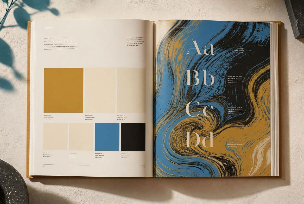 Printed brand guidelines manual with logo and color usage pages