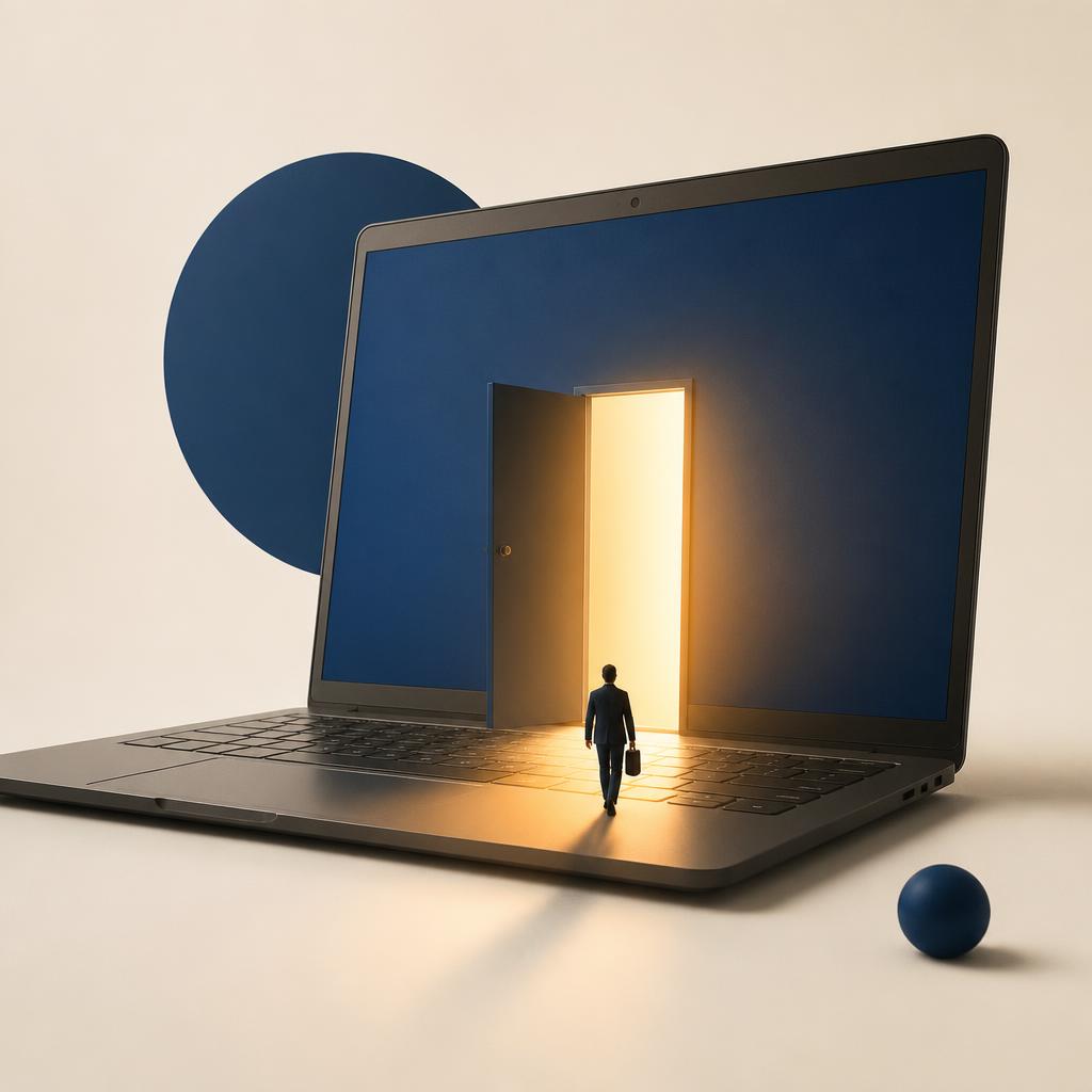 Miniature businessman walking into a glowing doorway inside a laptop screen