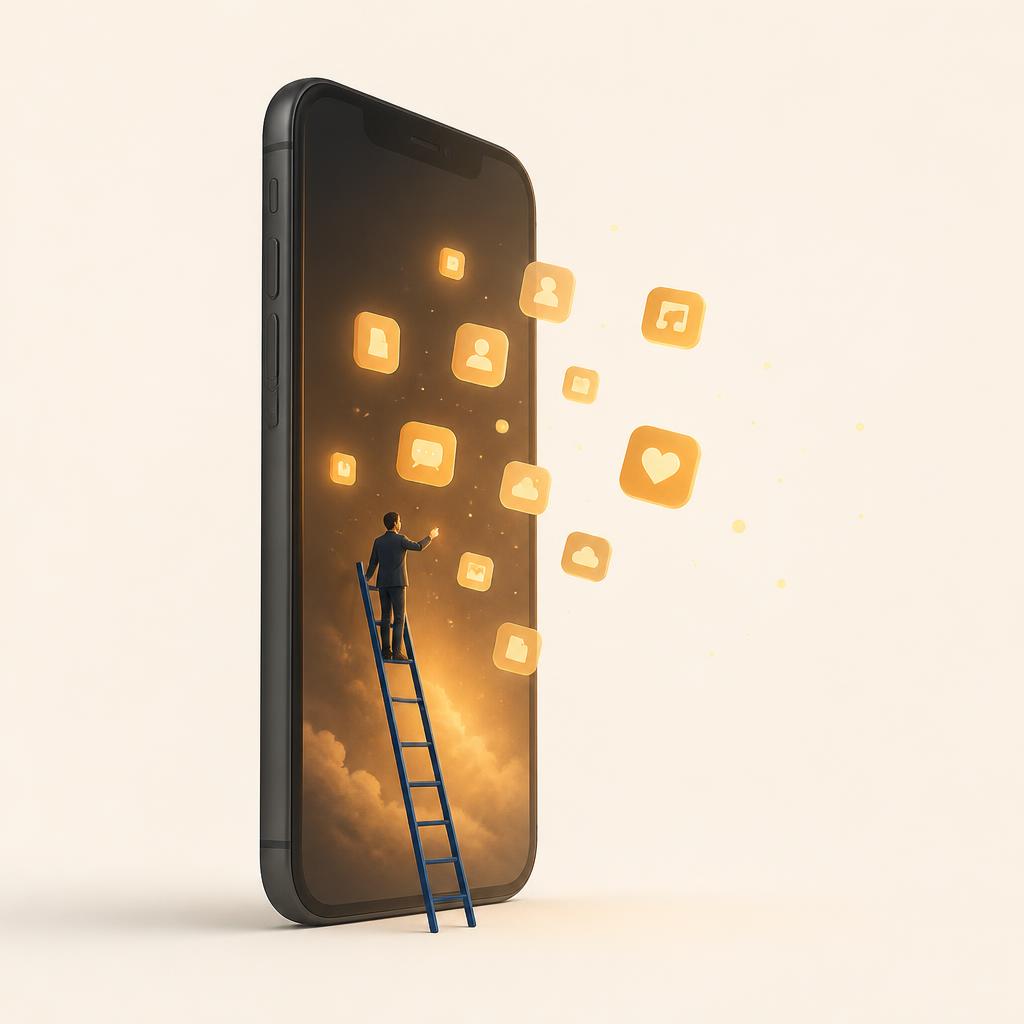 Tiny figure on a ladder placing glowing app icons on a giant smartphone