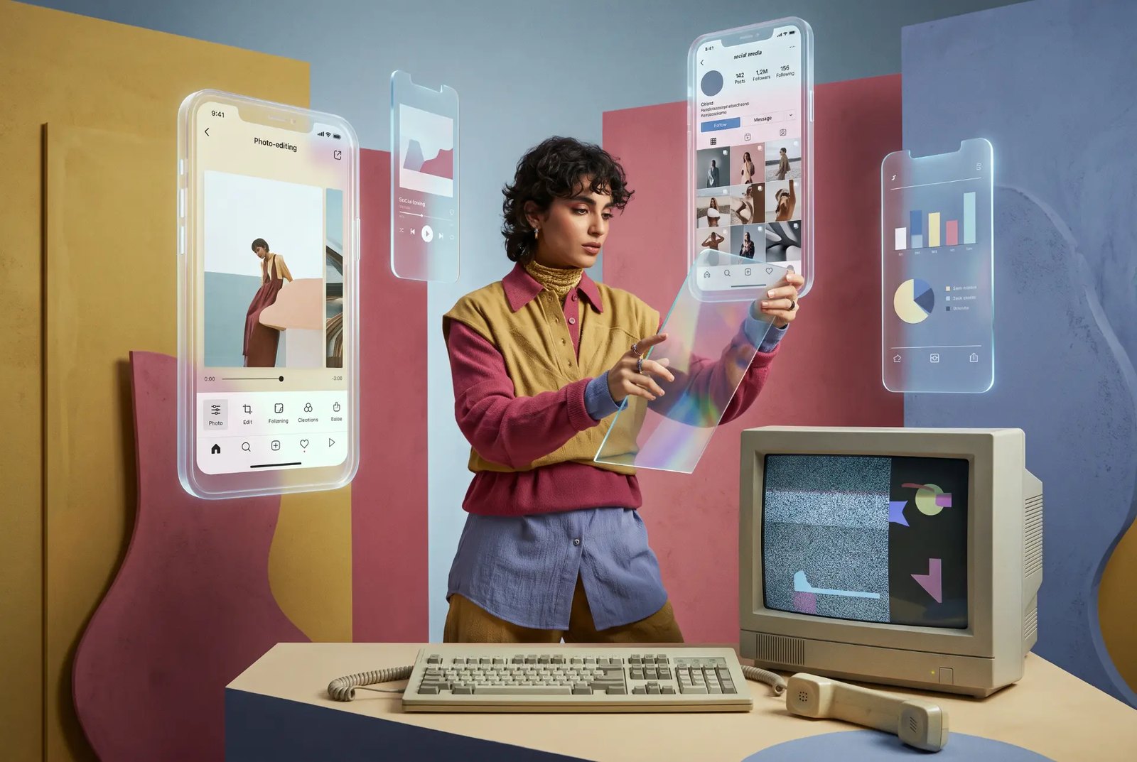 Tiny figure on a ladder placing glowing app icons on a giant smartphone