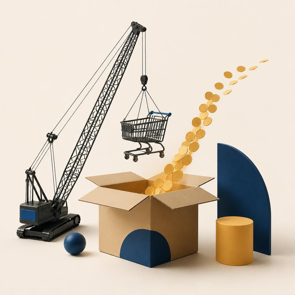 Miniature crane lifting a shopping cart with a trail of golden coins