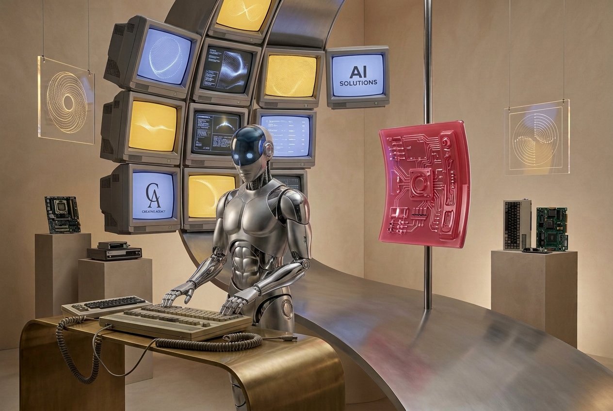 Friendly robot with a glowing brain and neural network radiating outward