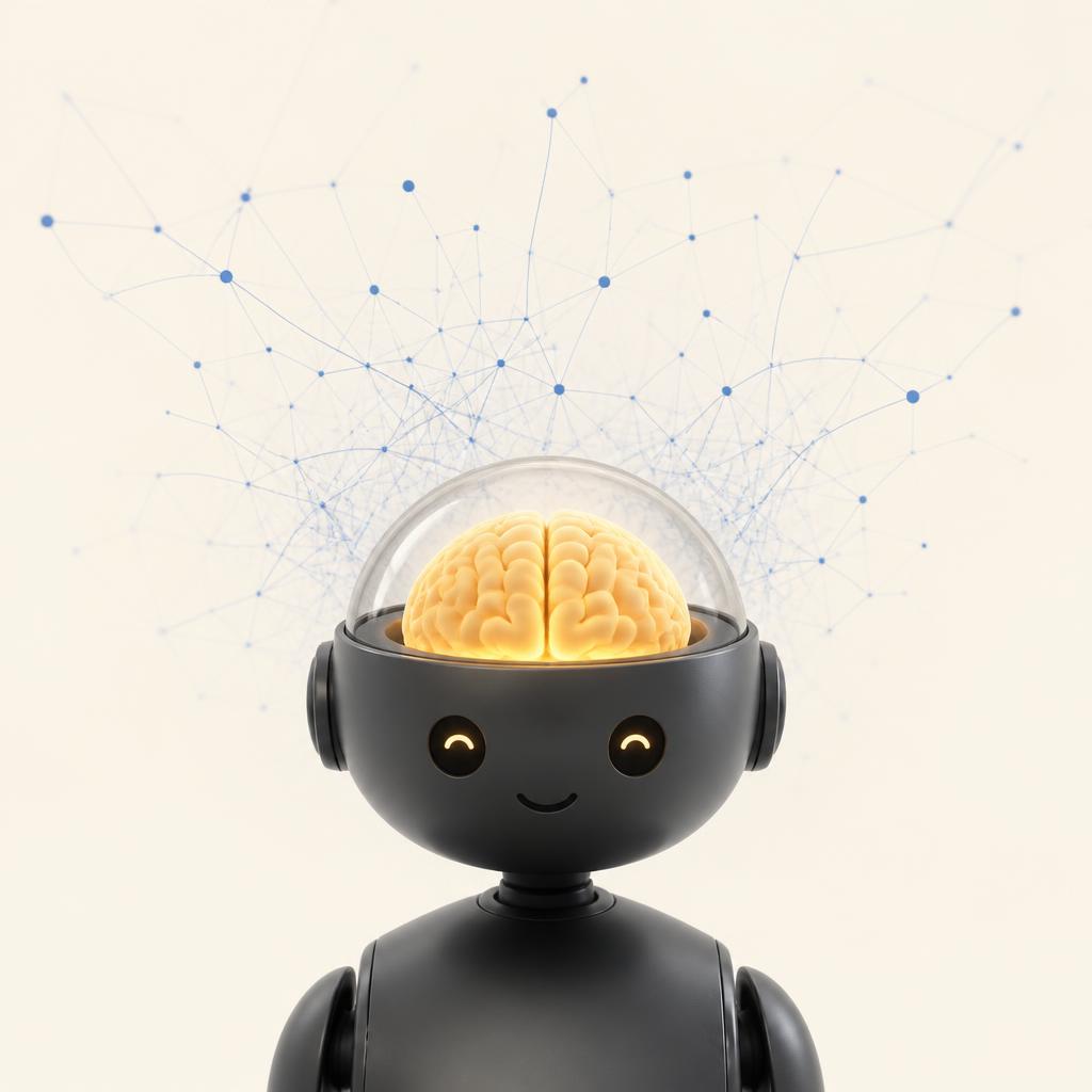 Friendly robot with a glowing brain and neural network radiating outward