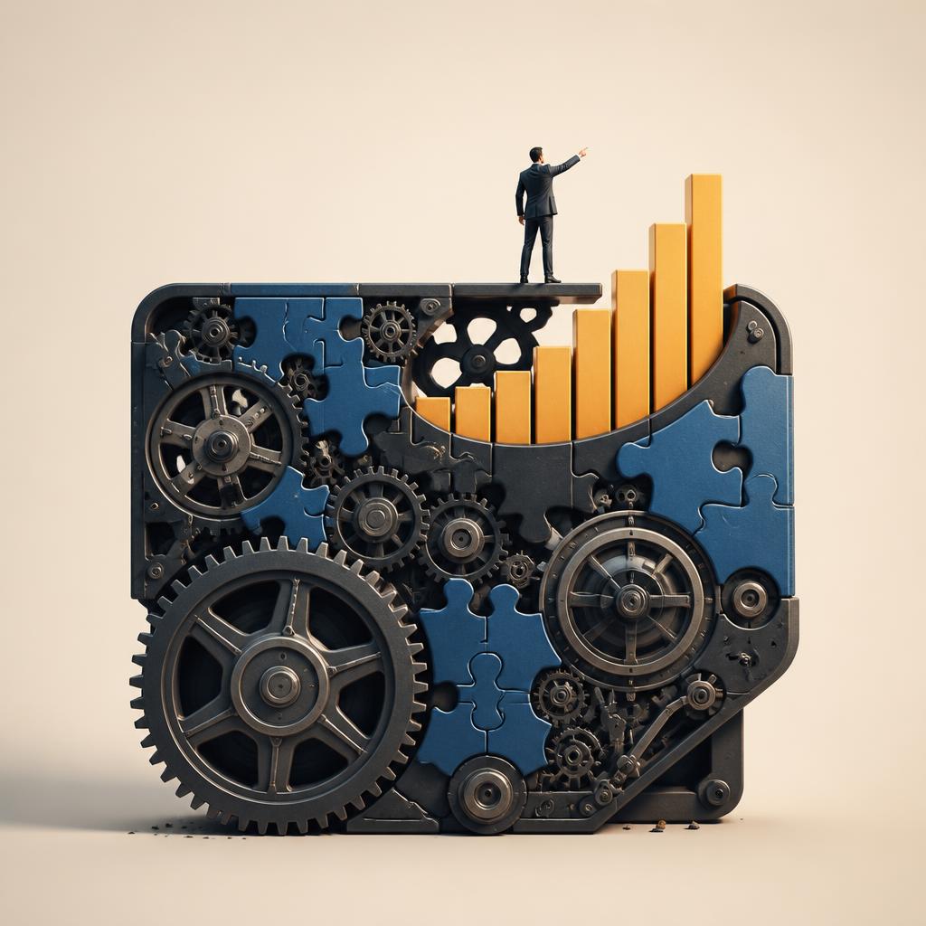 Gears and puzzle pieces forming a system with a tiny figure and rising chart