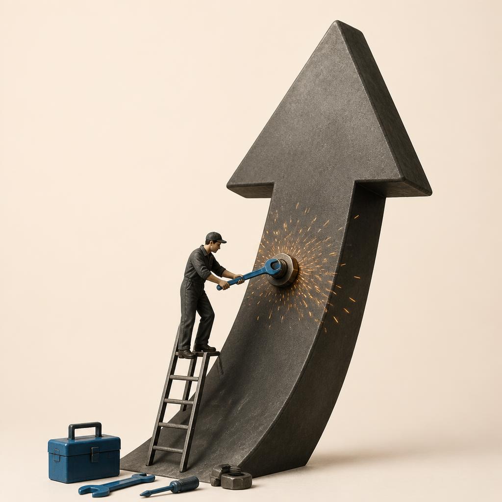 Tiny mechanic tightening a bolt on a giant upward arrow with sparks